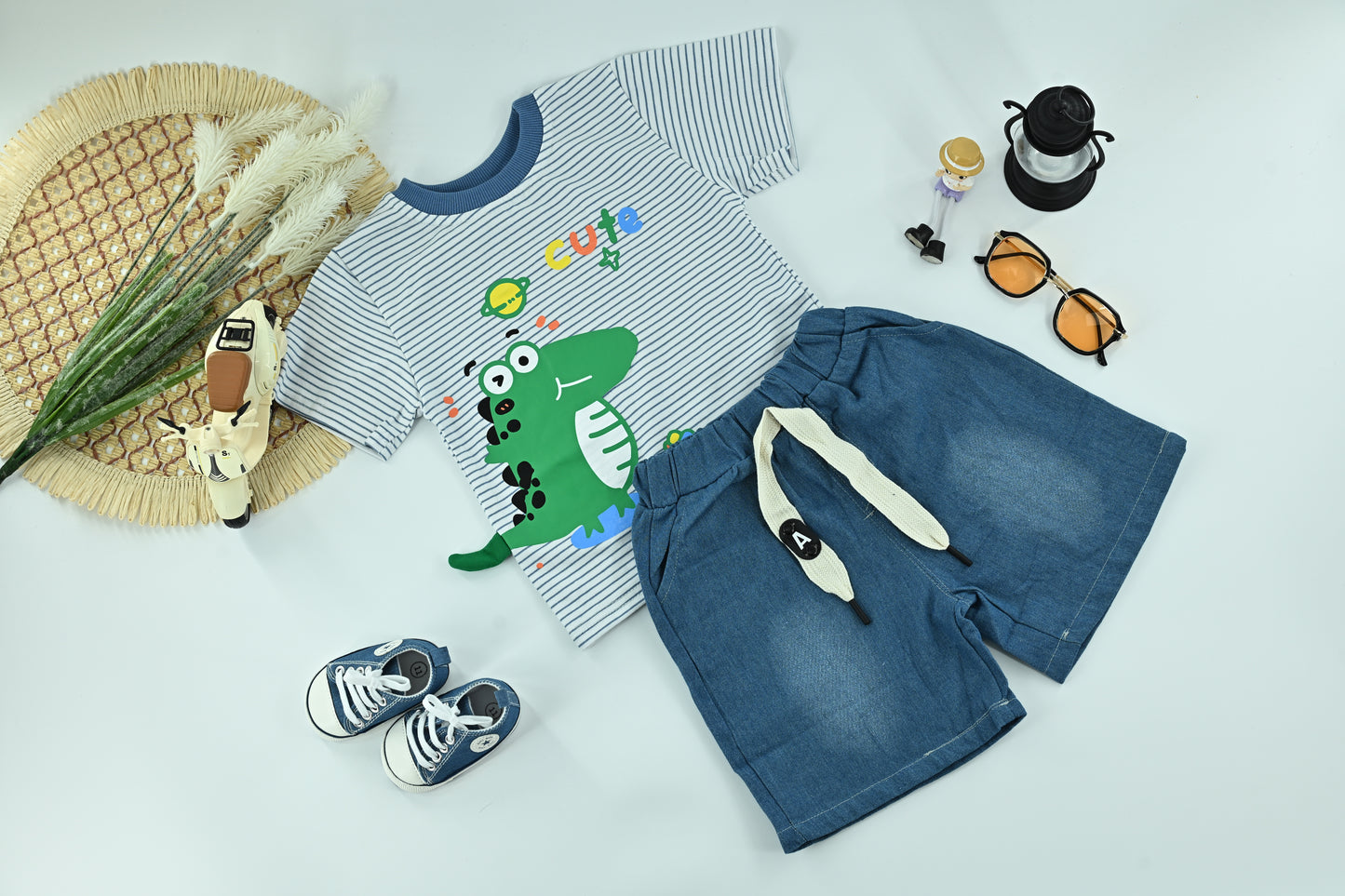 Cute Dino Striped T-Shirt & Denim Shorts Set for Boys