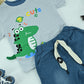 Cute Dino Striped T-Shirt & Denim Shorts Set for Boys