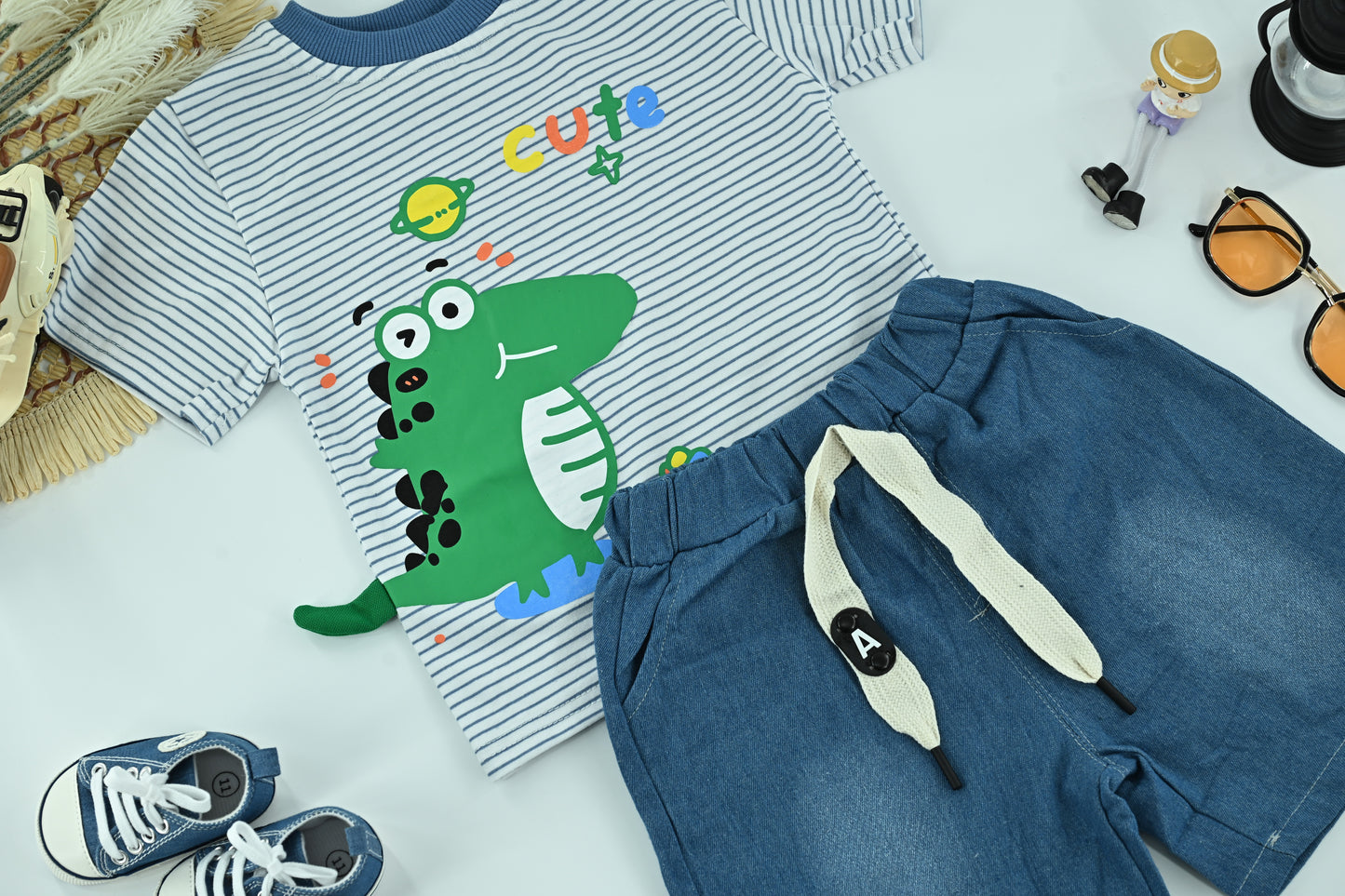 Cute Dino Striped T-Shirt & Denim Shorts Set for Boys