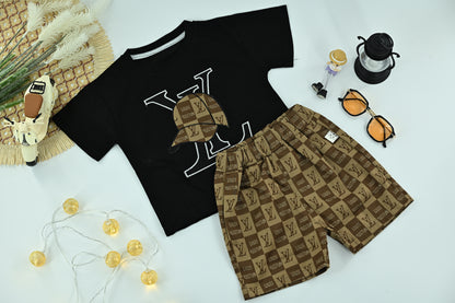 Boys Stylish Logo T-Shirt & Check Print Shorts Set