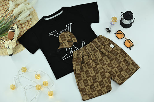 Boys Stylish Logo T-Shirt & Check Print Shorts Set