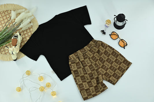 Boys Stylish Logo T-Shirt & Check Print Shorts Set