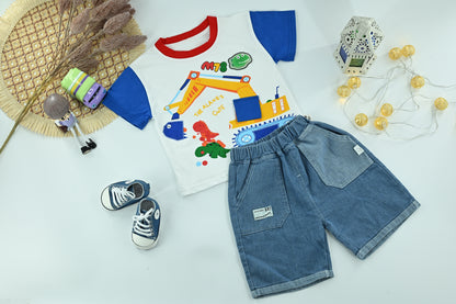 Boys Excavator Dino Graphic T-Shirt & Denim Shorts Set