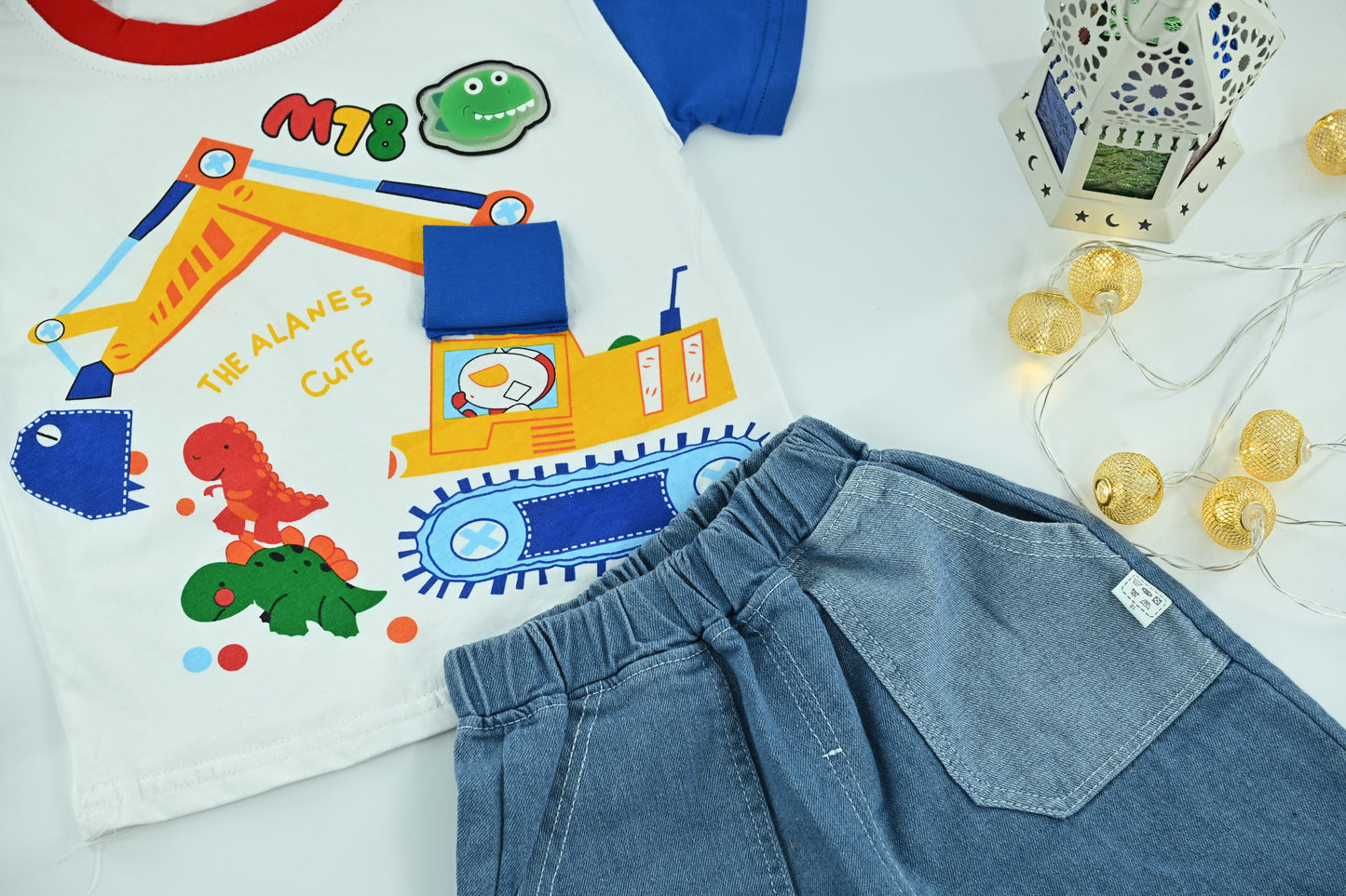 Boys Excavator Dino Graphic T-Shirt & Denim Shorts Set