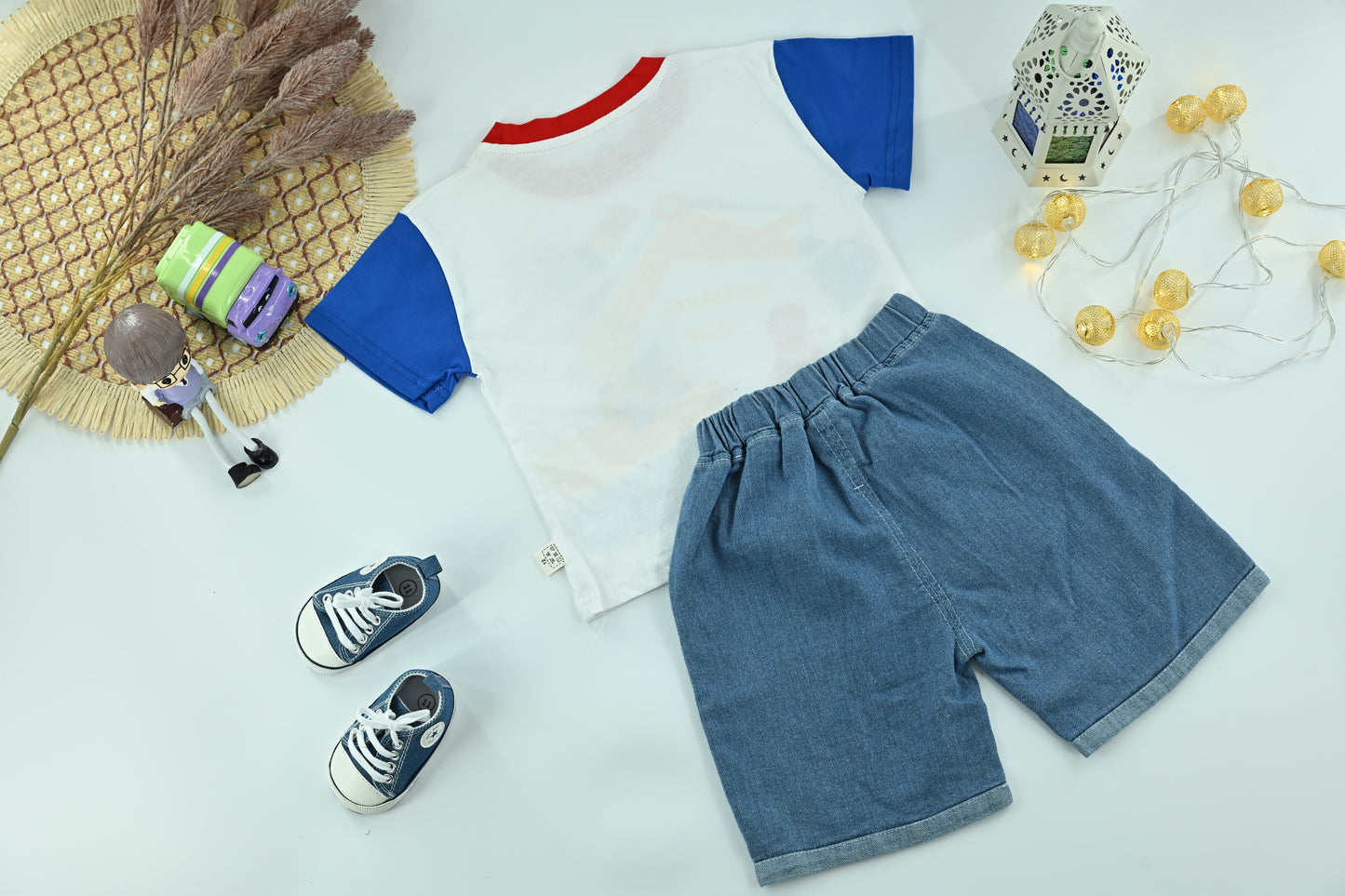 Boys Excavator Dino Graphic T-Shirt & Denim Shorts Set