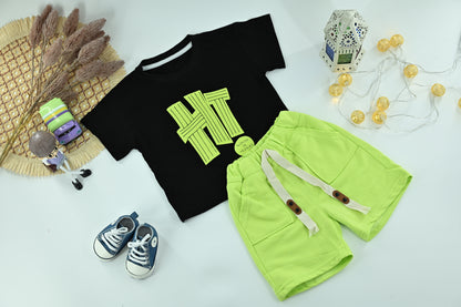 Boys Neon Green “HT” Graphic T-Shirt and Shorts 2-Piece Set