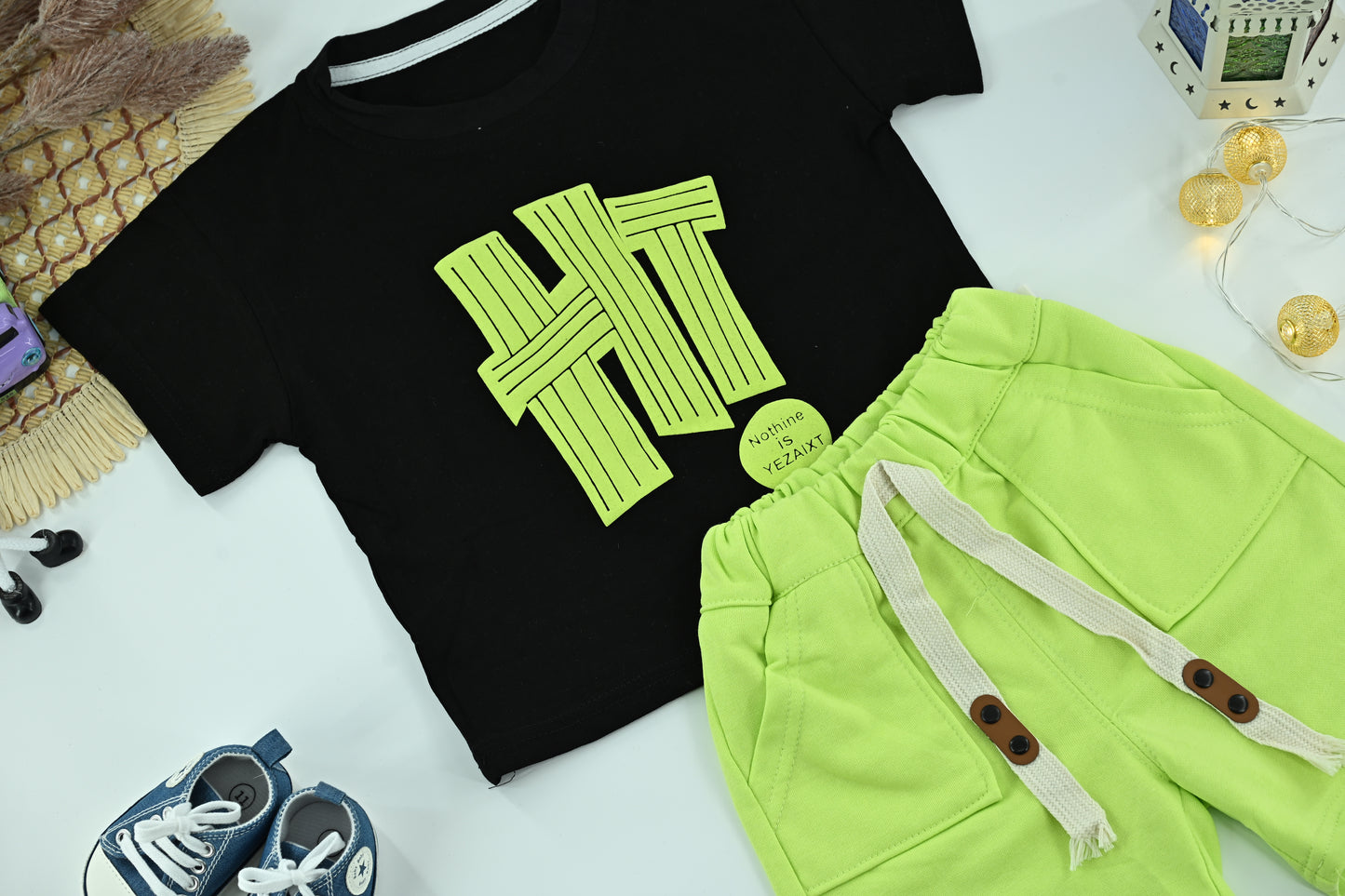 Boys Neon Green “HT” Graphic T-Shirt and Shorts 2-Piece Set