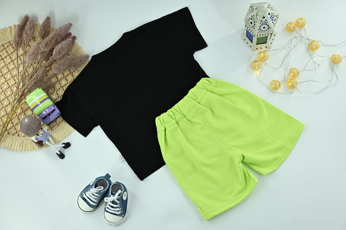 Boys Neon Green “HT” Graphic T-Shirt and Shorts 2-Piece Set