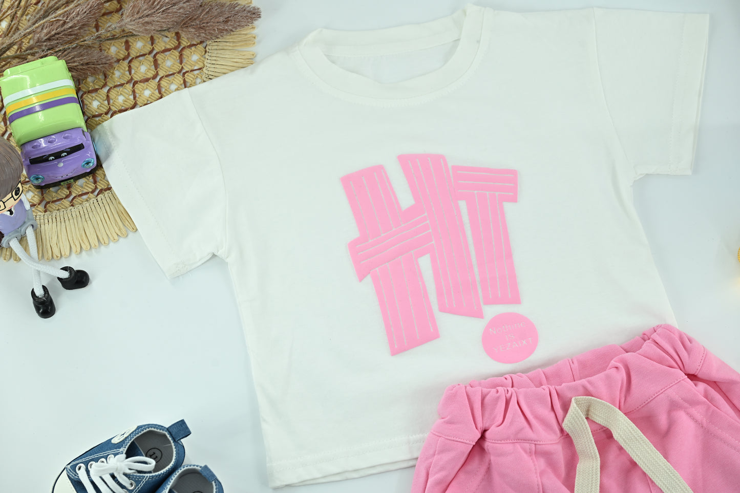 Kids Pink “HT” Graphic T-Shirt and Shorts 2-Piece Set
