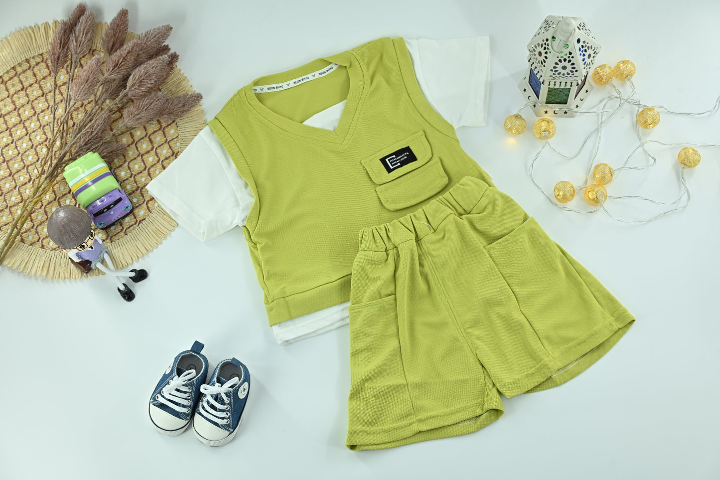 Boys Layered V-Neck T-Shirt &Shorts Set