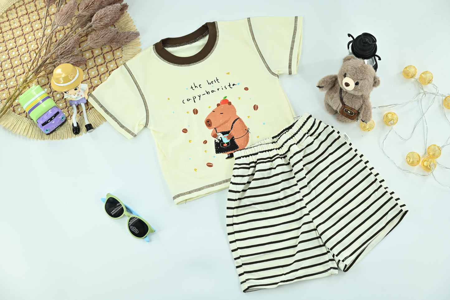 Boys Barista Bear Graphic T-Shirt & Striped Shorts Set