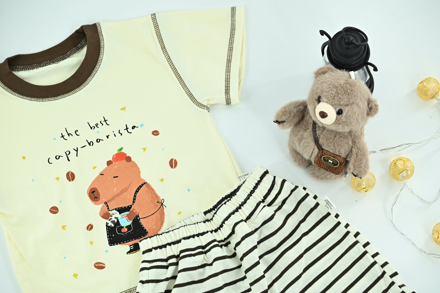 Boys Barista Bear Graphic T-Shirt & Striped Shorts Set