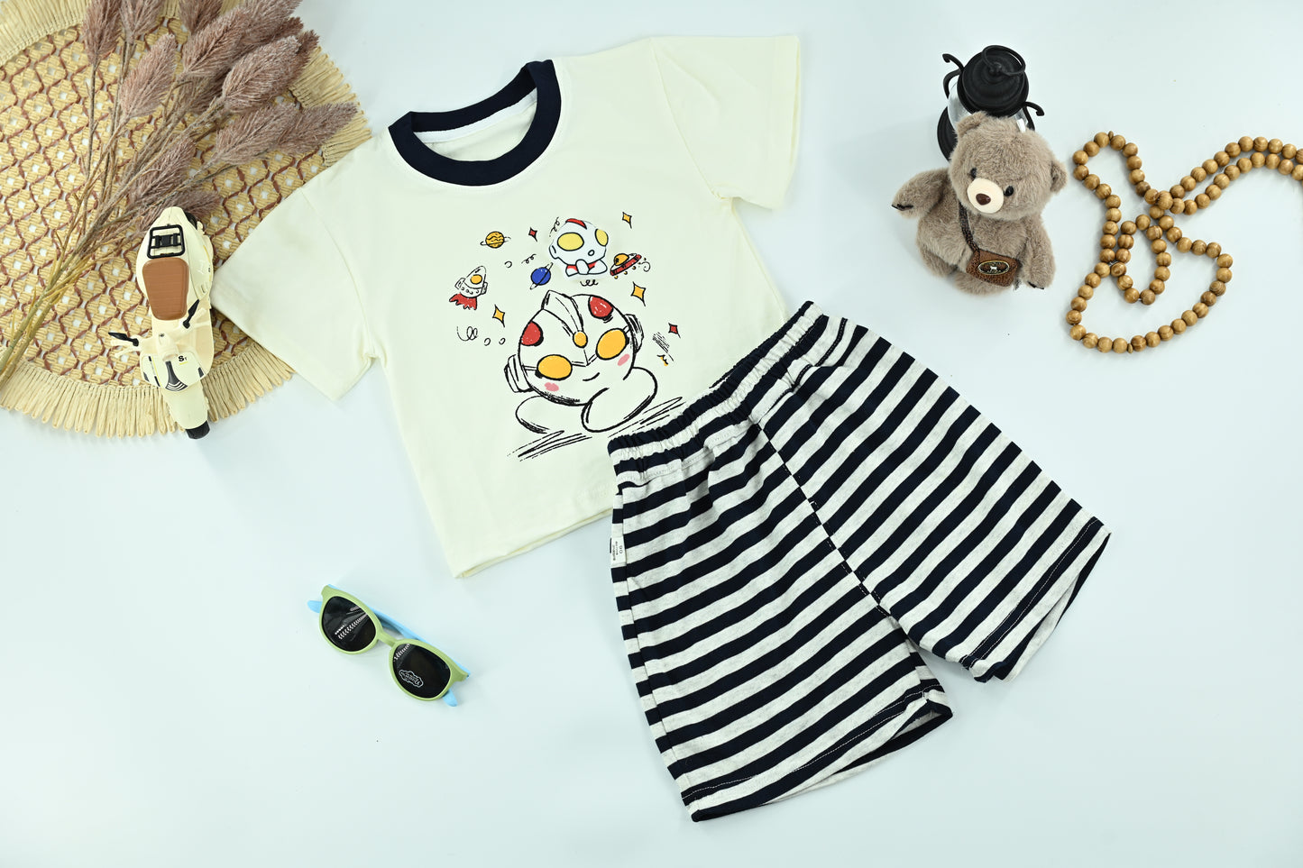 Boys Space Cartoon Graphic T-Shirt &Striped Shorts Set