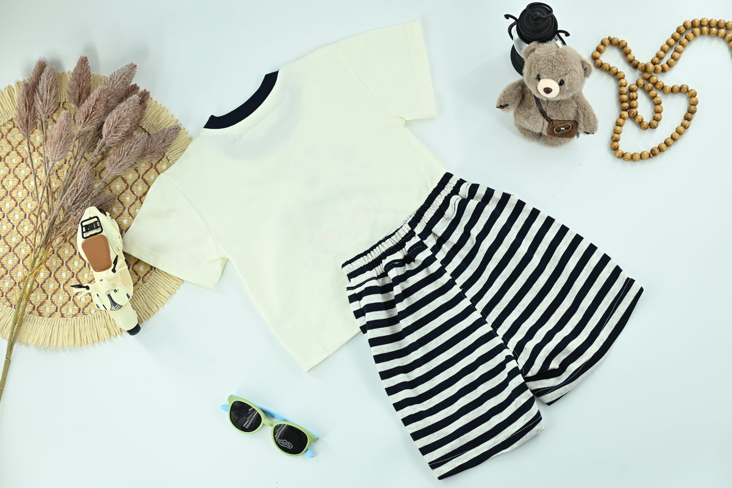 Boys Space Cartoon Graphic T-Shirt &Striped Shorts Set