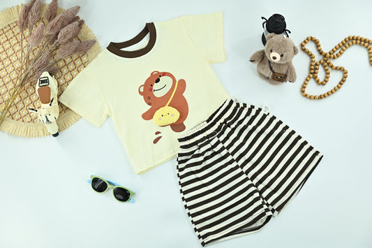 Boys Cute Bear Graphic T-Shirt &Striped Shorts Set
