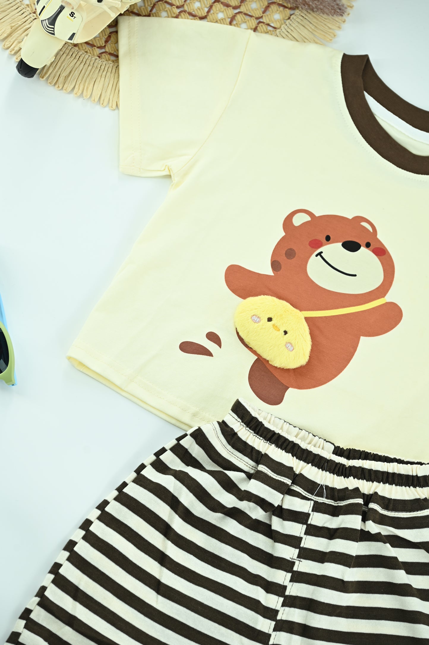 Boys Cute Bear Graphic T-Shirt &Striped Shorts Set