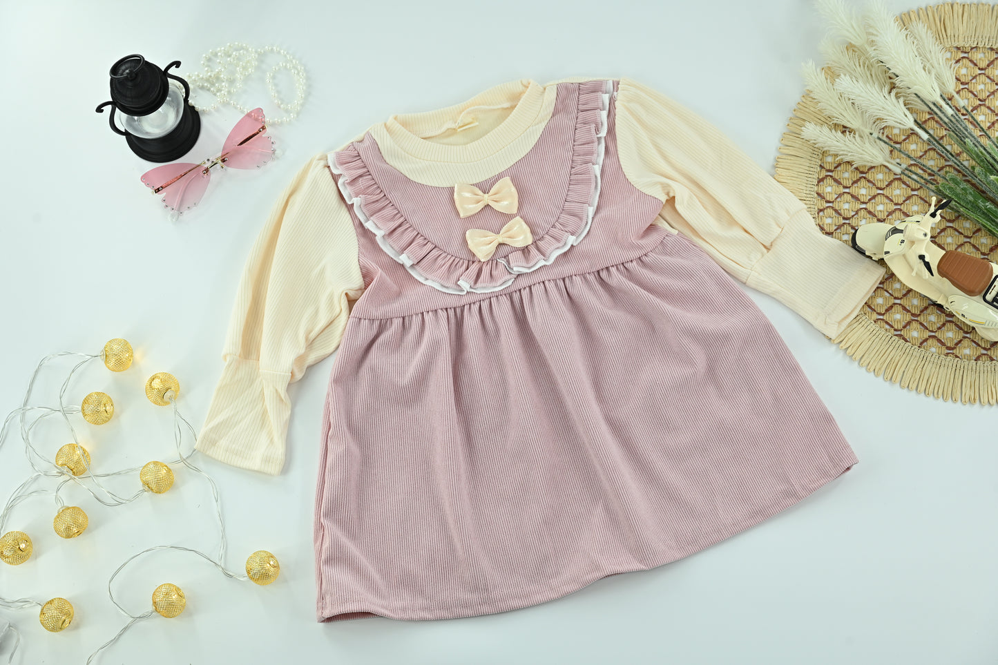 Kids Brown  Cotton Embroidered  2 Piece Full Sleeve Dress