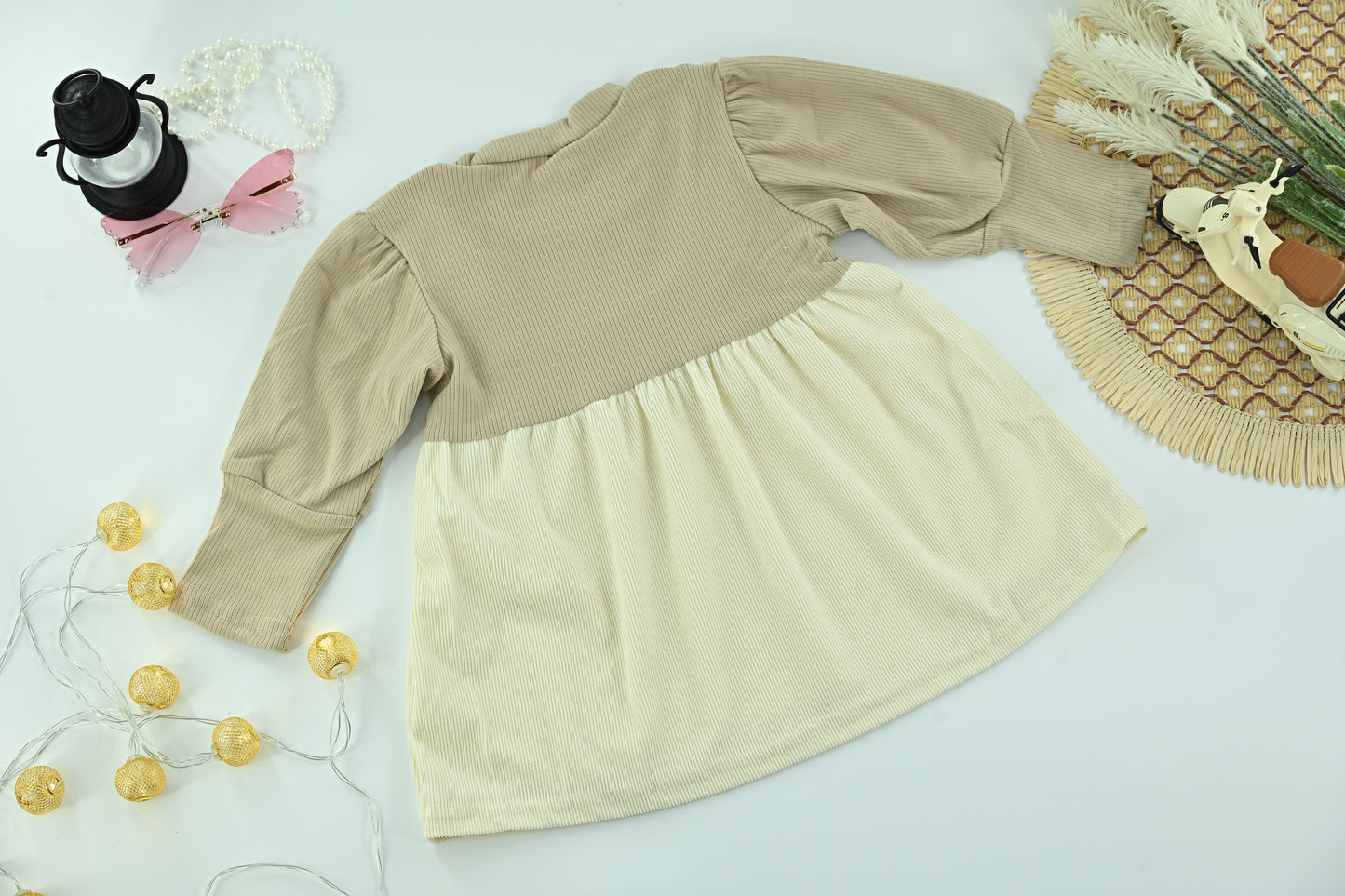 Kids Cream Cotton Embroidered 2-Piece Full Sleeve Dress