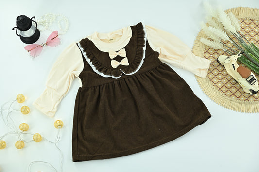 Kids Brown  Cotton Embroidered  2 Piece Full Sleeve Dress