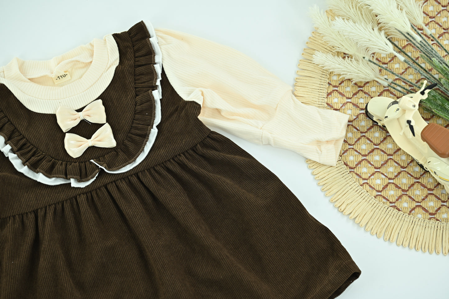 Kids Brown  Cotton Embroidered  2 Piece Full Sleeve Dress