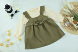 Girls Olive Green Plain Layered  2 Piece Long Sleeve Dress Set