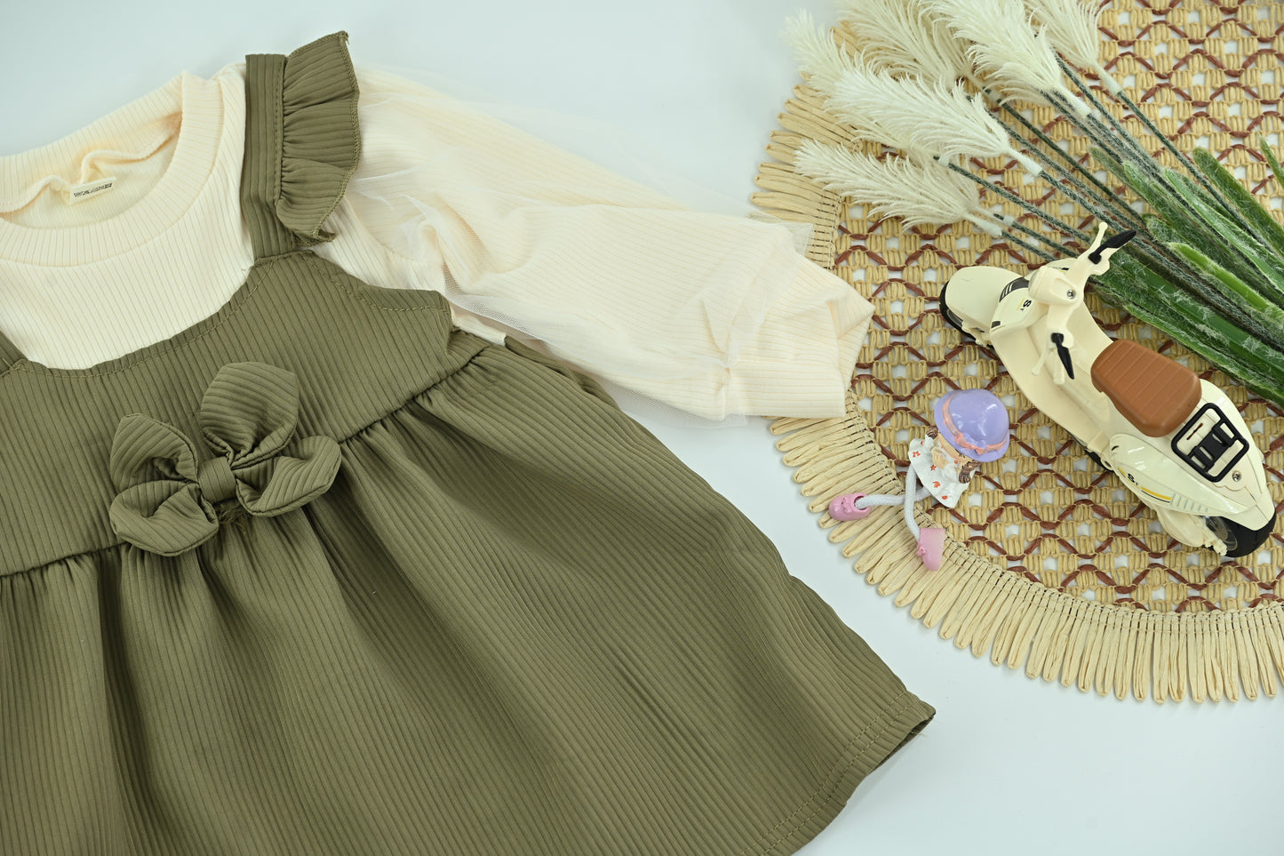 Girls Olive Green Plain Layered  2 Piece Long Sleeve Dress Set