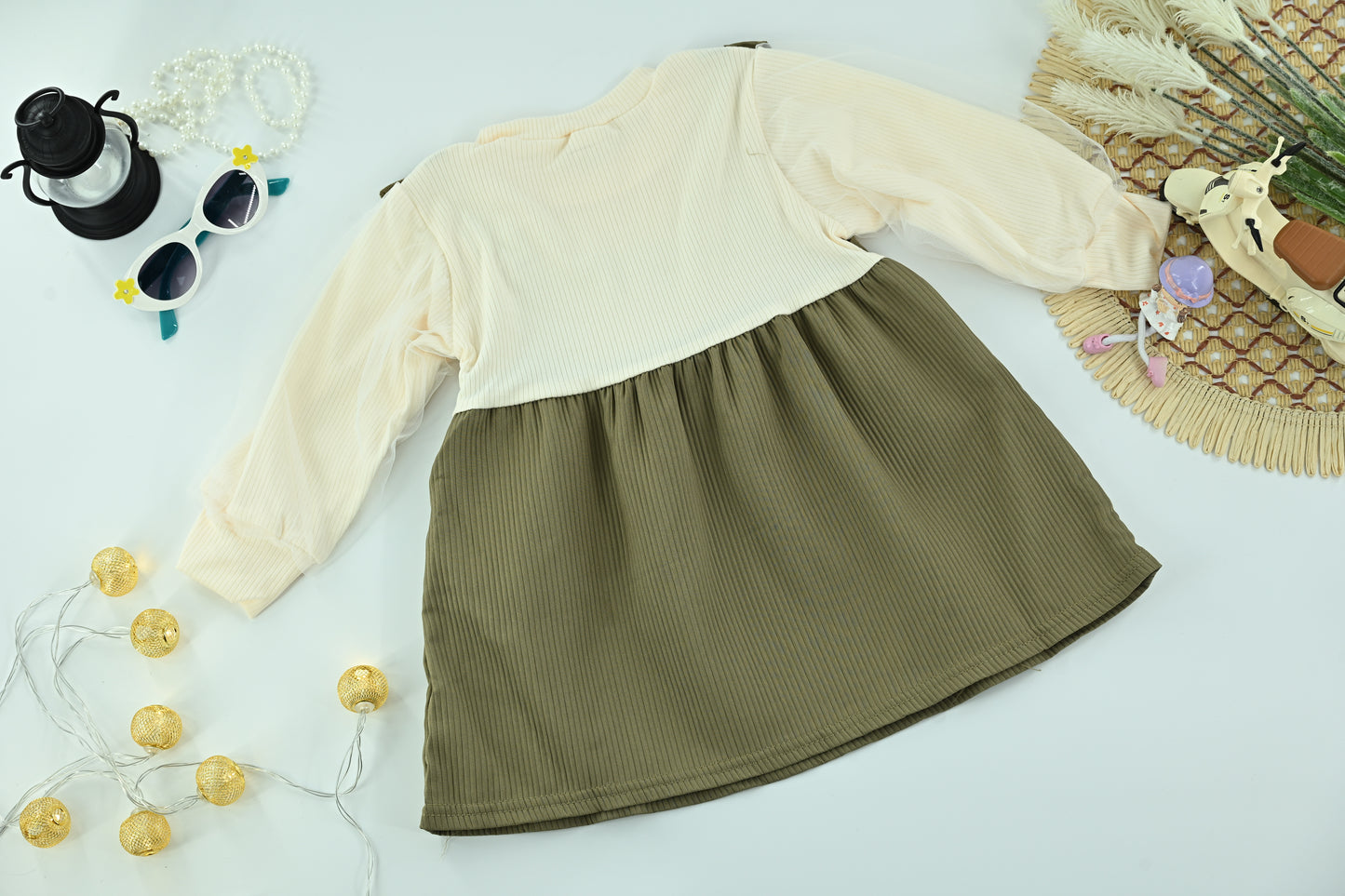 Girls Olive Green Plain Layered  2 Piece Long Sleeve Dress Set