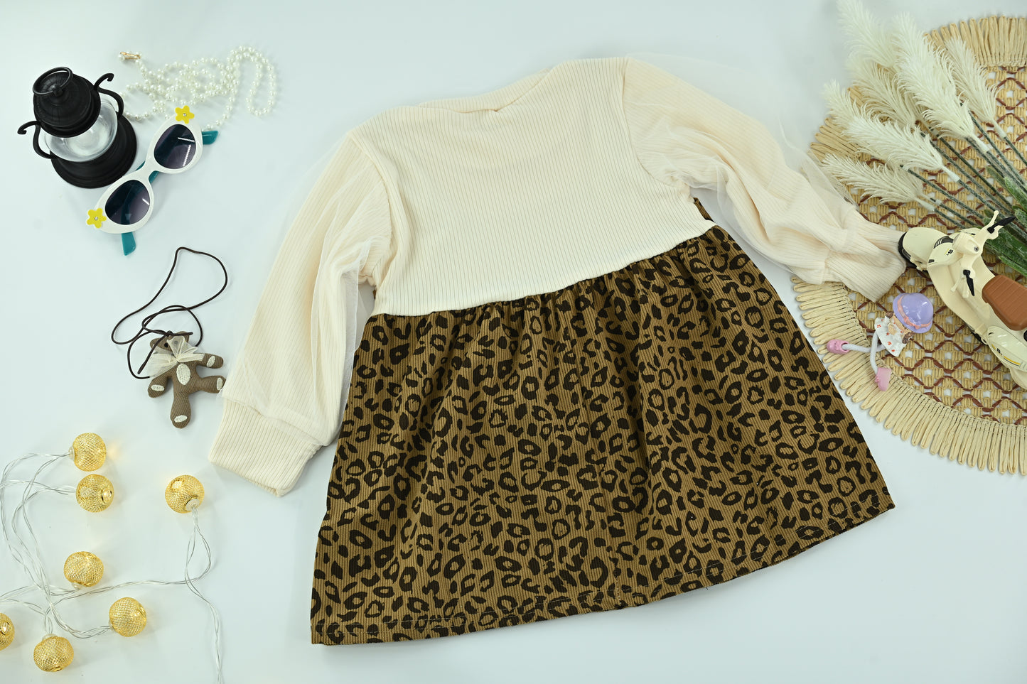 Girls Brown Leopard Print Layered Long Sleeve Dress Set