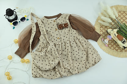 Elegant Girls Cream Bow Ruffle Long Sleeve Dress with bag