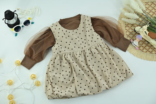 Elegant Girls Cream Bow Ruffle Long Sleeve Dress with bag