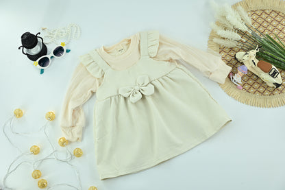 Girls Elegant Cream Bow Ruffle Dress –2 pieces  Long Sleeve Kids Dress