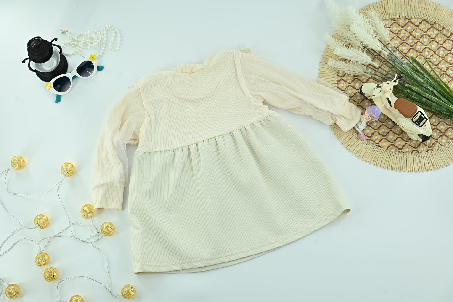 Girls Elegant Cream Bow Ruffle Dress –2 pieces  Long Sleeve Kids Dress