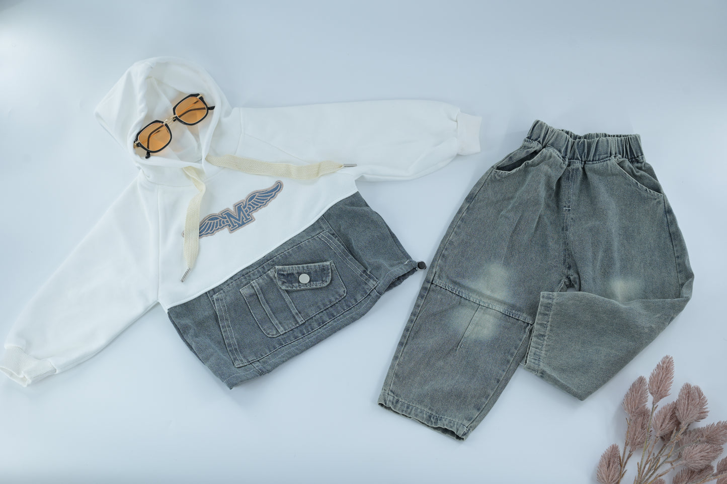 Kids Casual Hoodie & Denim Pants Outfit Set