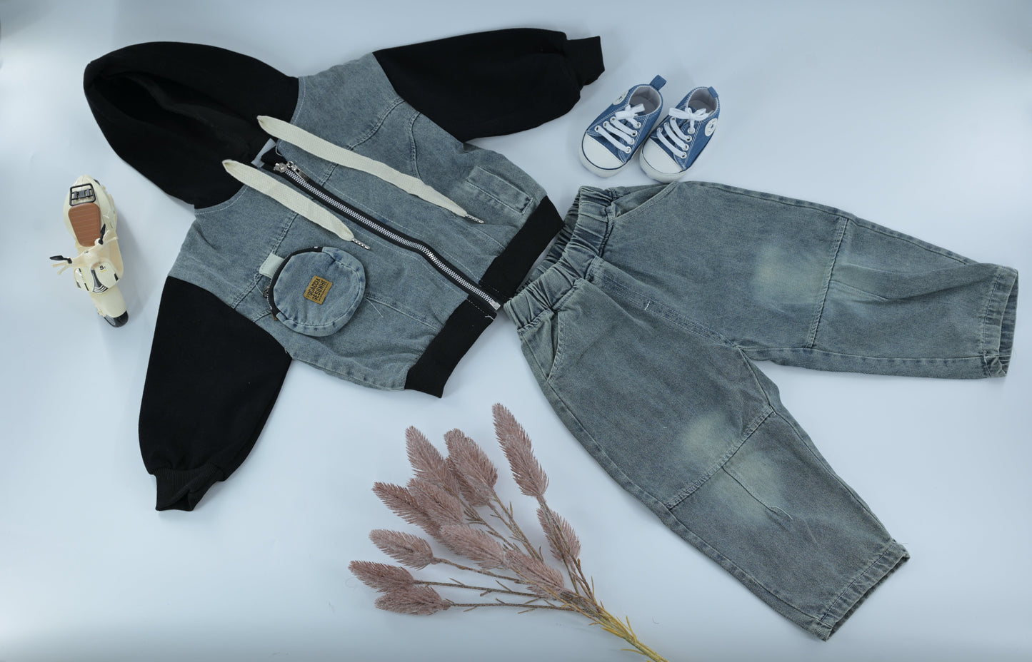 Kids Hoodie & Denim Pants Outfit Set – Black