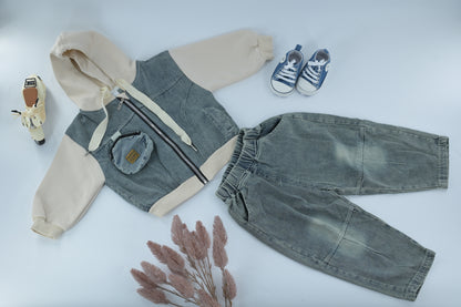 Kids Hoodie & Denim Pants Outfit Set – Beige