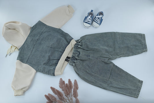 Kids Hoodie & Denim Pants Outfit Set – Beige