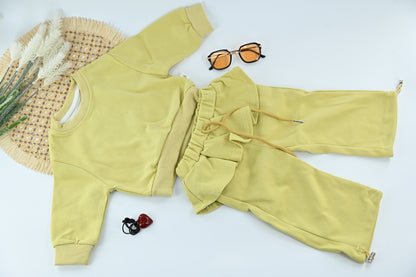 Kid's Yellow Ribbed Fabric Co-ord Set with Cute Heart Chain