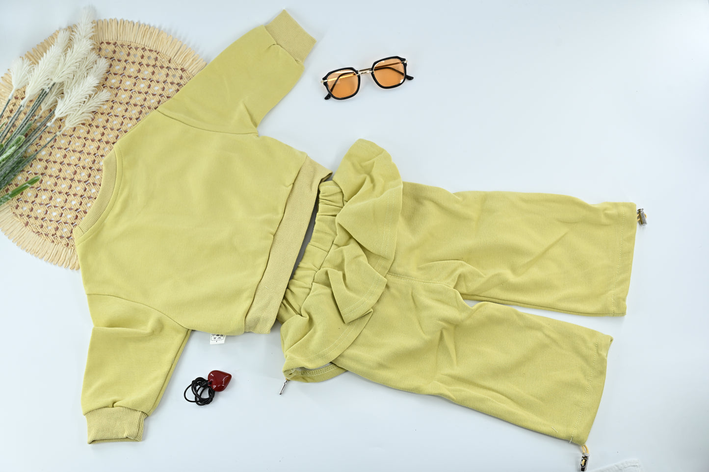 Kid's Yellow Ribbed Fabric Co-ord Set with Cute Heart Chain