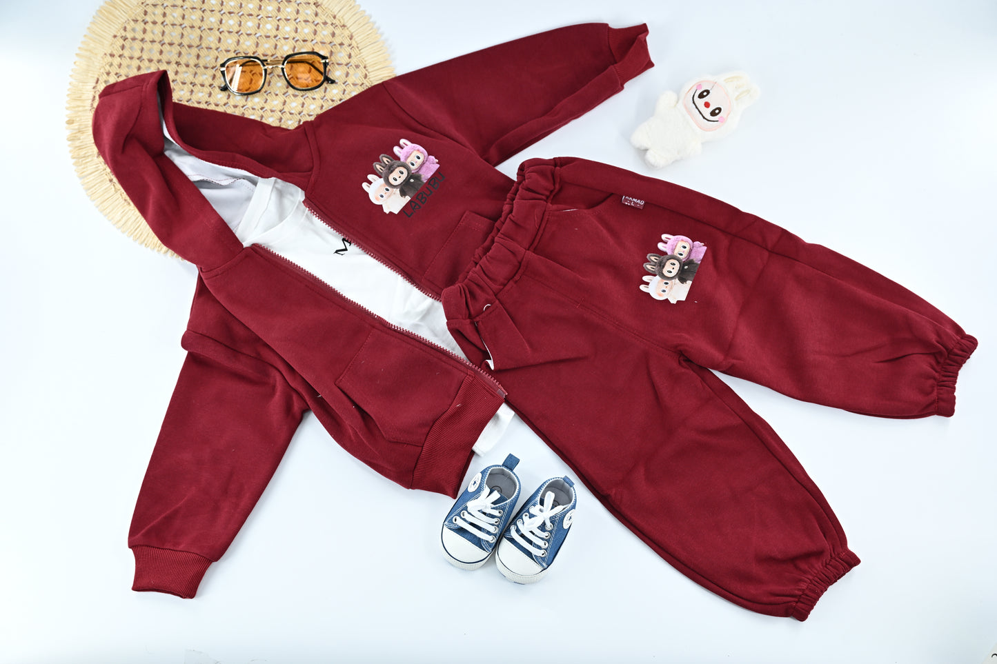 Girls Burgundy Cartoon Hoodie Co-ord Set