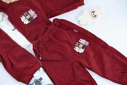 Girls Burgundy Cartoon Hoodie Co-ord Set