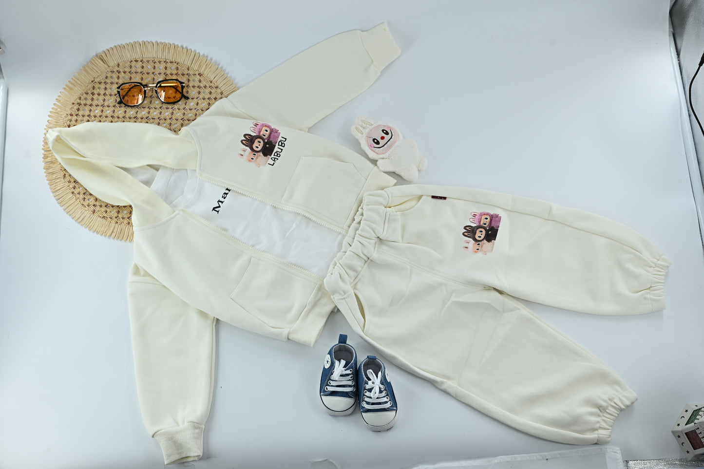 Girls Labubu Cream Hoodie &amp; Jogger Set – Cute 2 Piece Kids Outfit