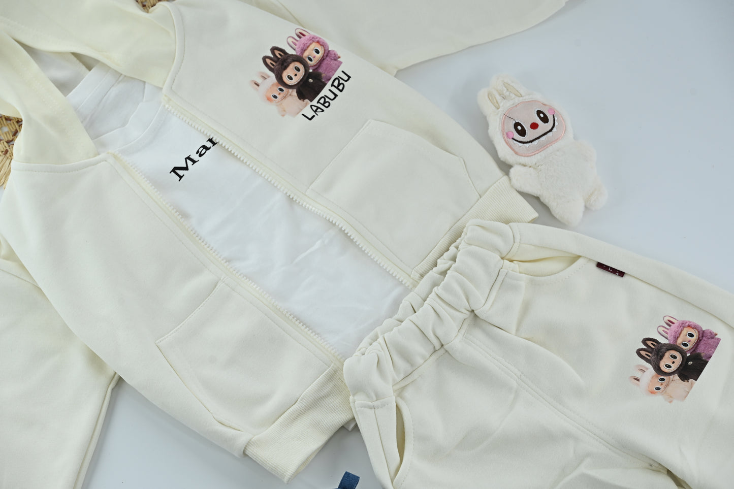 Girls Labubu Cream Hoodie &amp; Jogger Set – Cute 2 Piece Kids Outfit