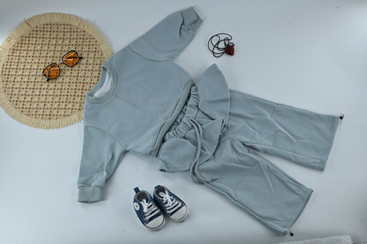 Girls Bluish Grey Ribbed Fabric Co-ord Set with Cute Heart Chain