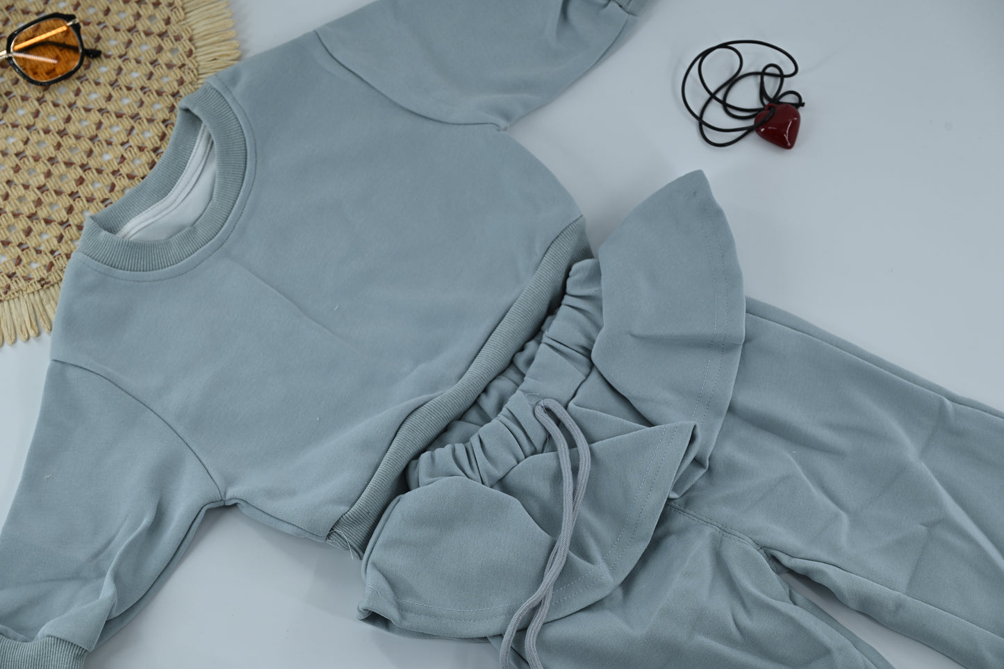 Girls Bluish Grey Ribbed Fabric Co-ord Set with Cute Heart Chain