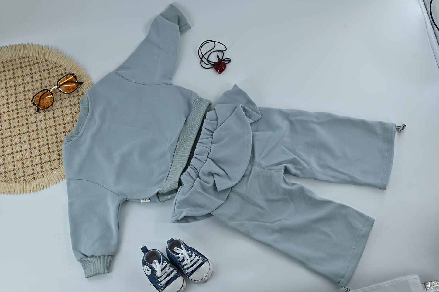 Girls Bluish Grey Ribbed Fabric Co-ord Set with Cute Heart Chain