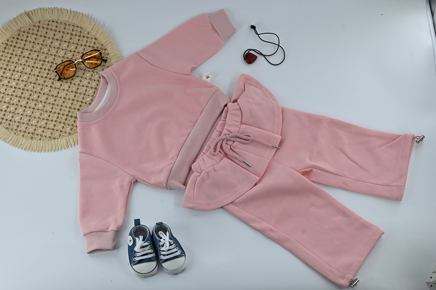 Girls Pink Ribbed Co-ord Set with Heart Chain | Cute Kids Outfit