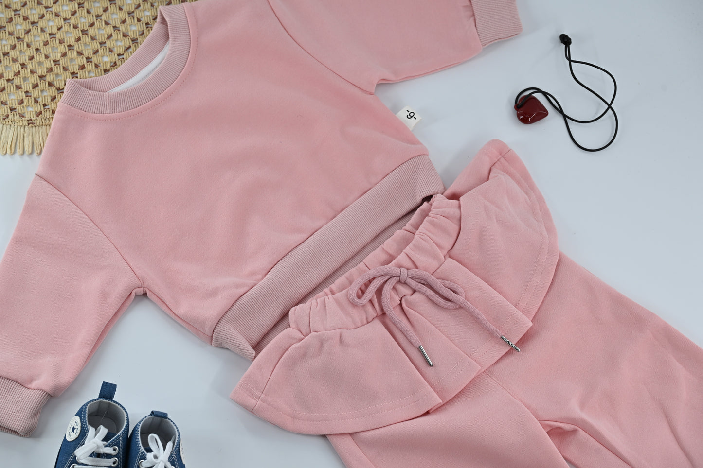 Girls Pink Ribbed Co-ord Set with Heart Chain | Cute Kids Outfit