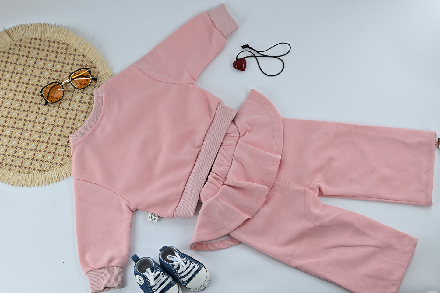 Girls Pink Ribbed Co-ord Set with Heart Chain | Cute Kids Outfit