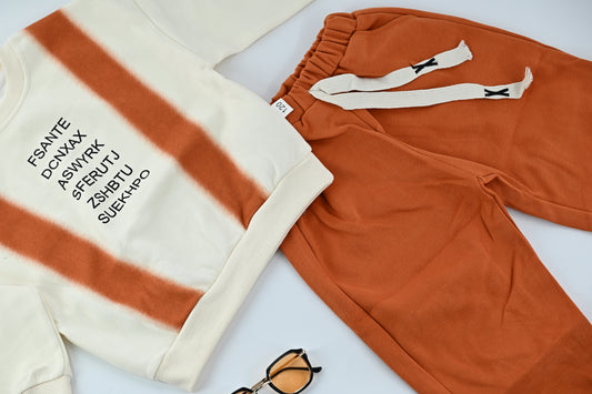 Cream & Rust Orange Kids Sweatshirt and Jogger Set | Comfortable 2-Piece Outfit