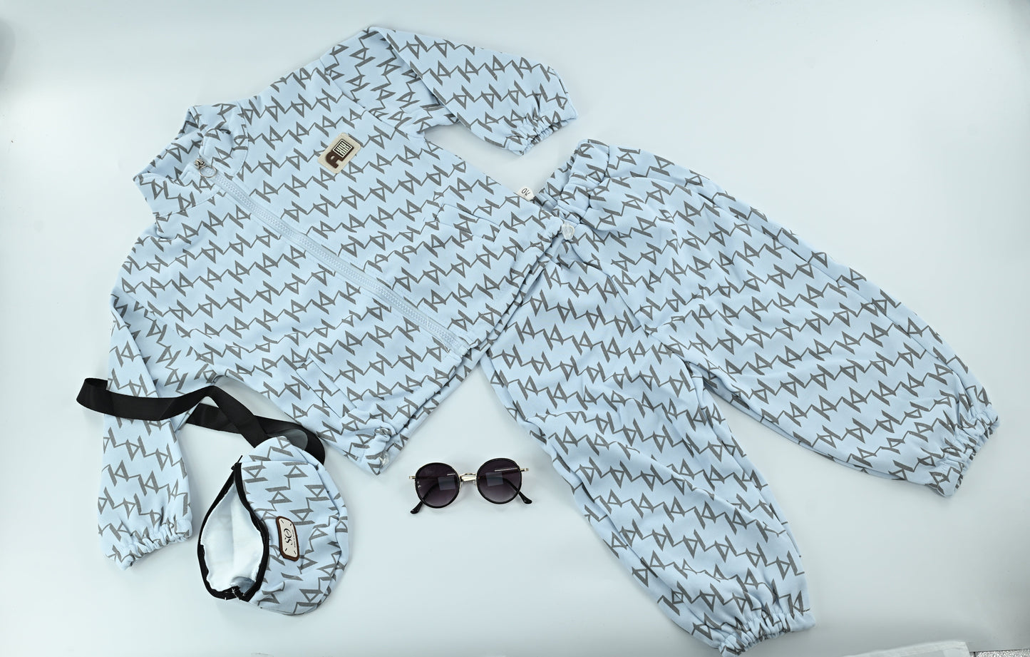 Kids Bluish Triangular Pattern Dress with Matching Side Bag